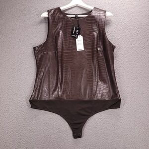 EXPRESS Top Size XL Bodysuit Contour Brown Faux Leather Croc High Neck